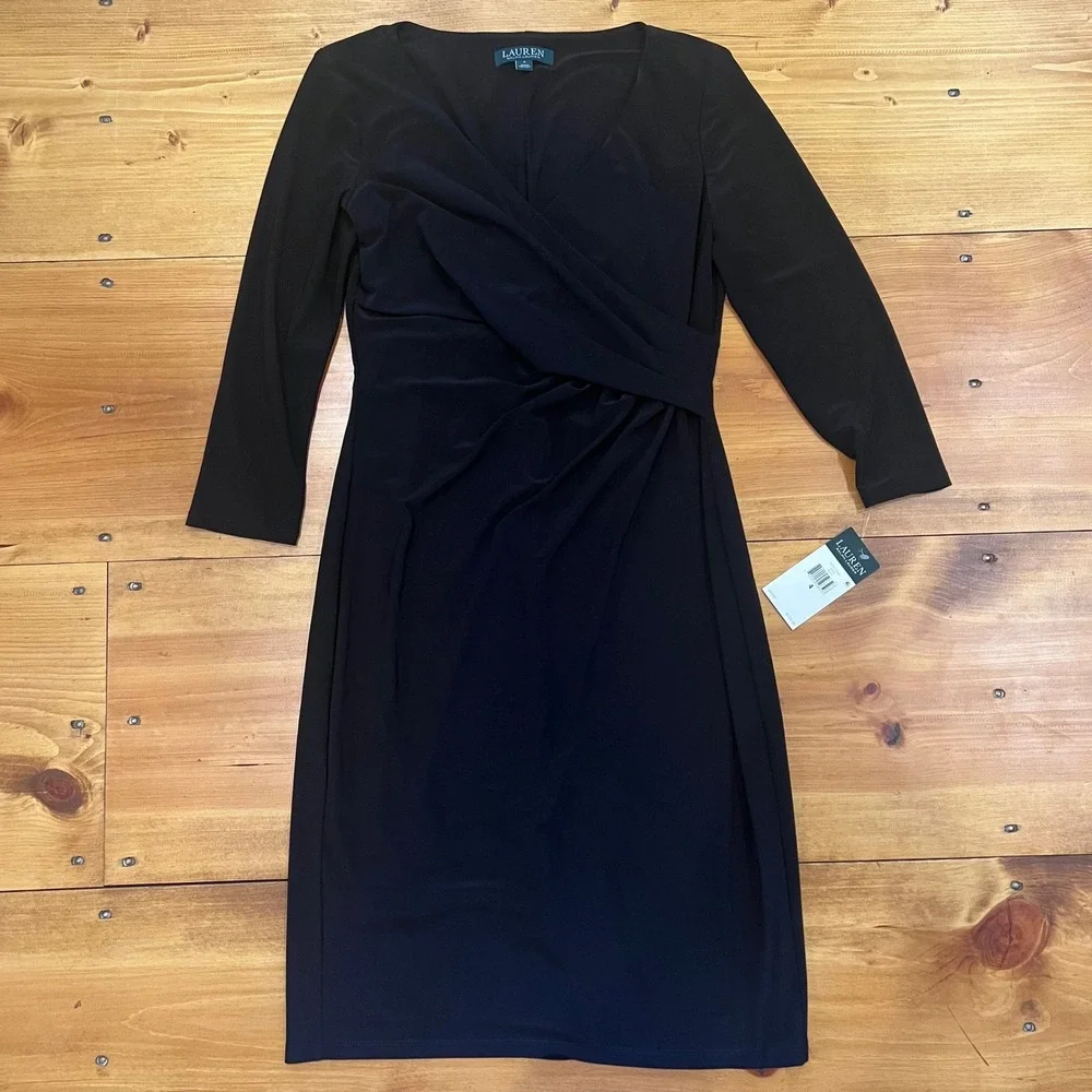 Lauren Ralph Lauren Black Faux Wrap Ruched Sheath Dress 3/4 Sleeve Size 4 NEW - Picture 3 of 9